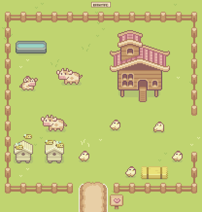 The barnyard with a coop, cows, chicks and beehives